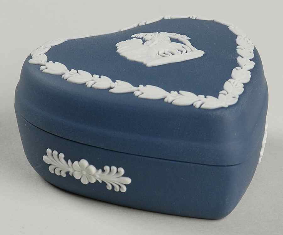 Cream Color on Portland Blue Jasperware Small Heart Shape Box & Lid by Wedgwood-1