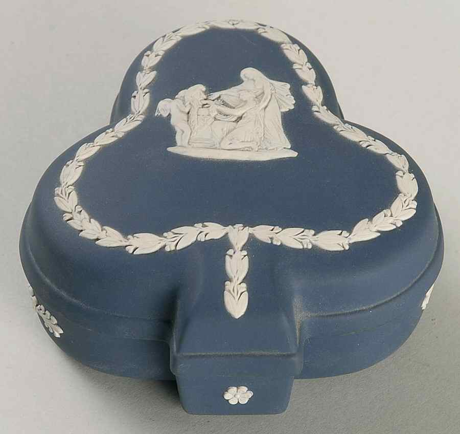Cream Color on Portland Blue Jasperware Large Club Shaped Box & Lid by Wedgwood-1