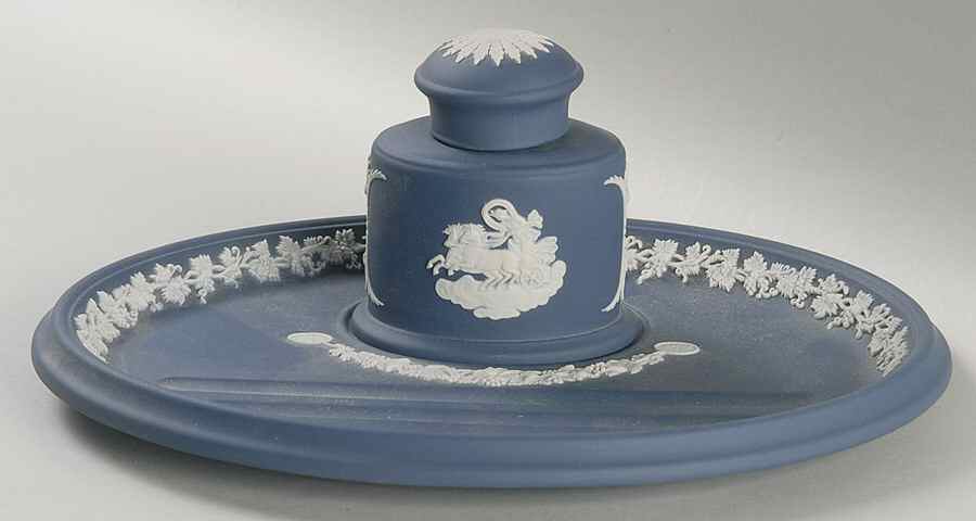 Cream Color on Portland Blue Jasperware Ink Pot with Lid and Ink Underplate by Wedgwood-1