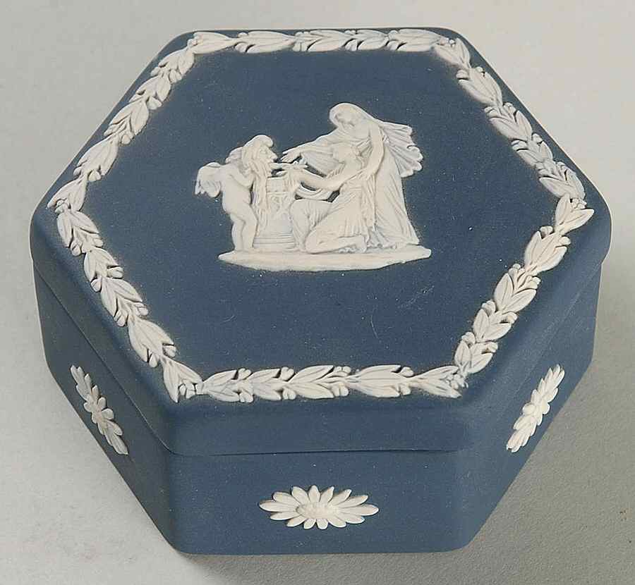 Cream Color on Portland Blue Jasperware Hexagonal Box with Lid by Wedgwood-1
