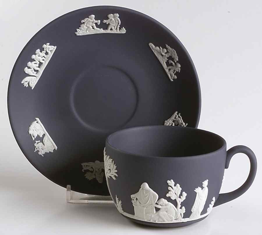 Cream Color on Portland Blue Jasperware Flat Cup & Saucer Set by Wedgwood-1