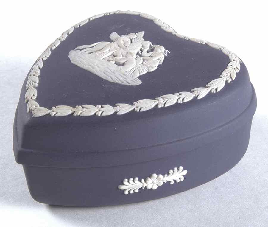 Cream Color on Portland Blue Jasperware Large Heart Shape Box with Lid by Wedgwood-1