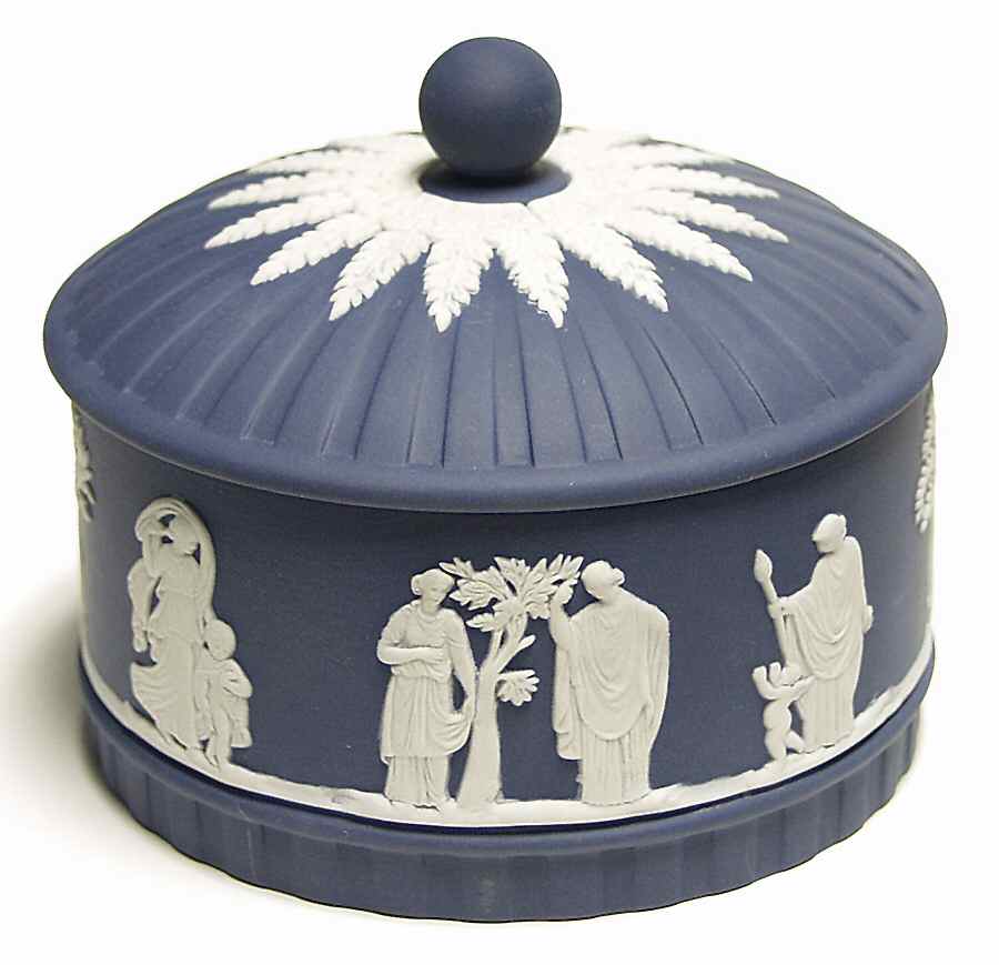 Cream Color on Portland Blue Jasperware Round Aphrodite Box with Lid by Wedgwood-1