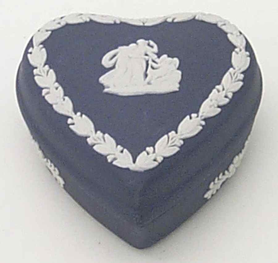Cream Color on Portland Blue Jasperware Small Heart Shape Box & Lid by Wedgwood-1