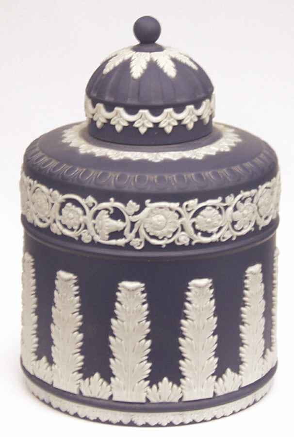 Cream Color on Portland Blue Jasperware Tea Caddy & Lid by Wedgwood-1