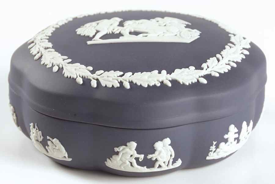 Cream Color on Portland Blue Jasperware Large Scalloped Candy Box & Lid by Wedgwood-1