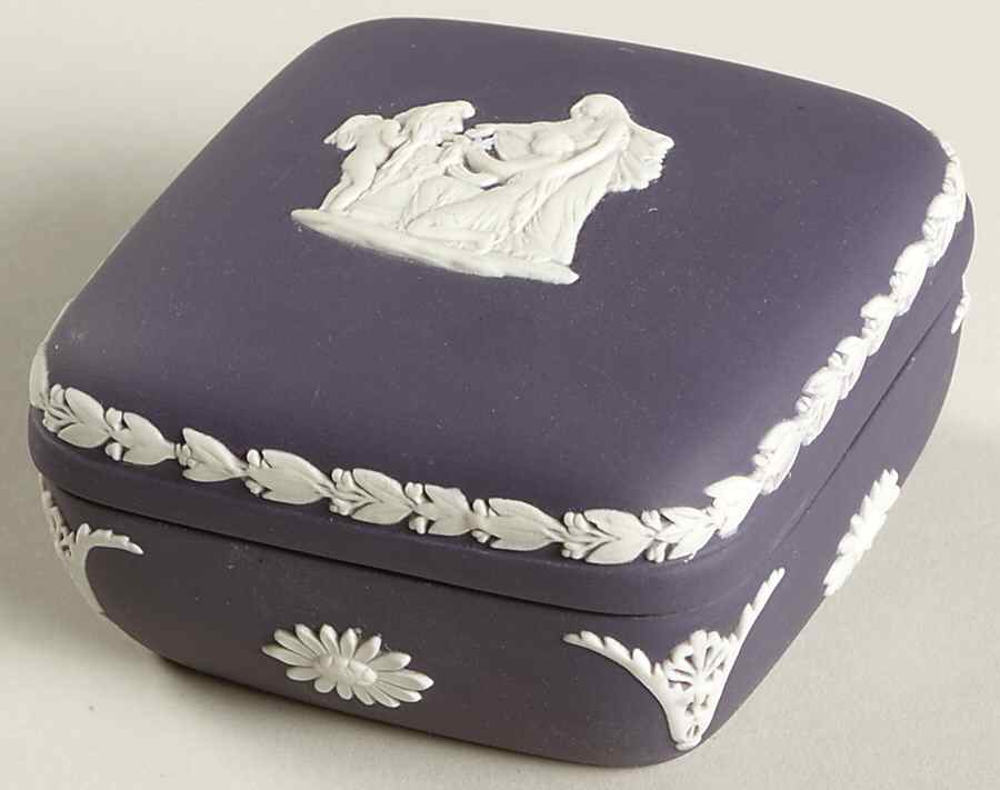 Cream Color on Portland Blue Jasperware Square Box with Lid by Wedgwood-1