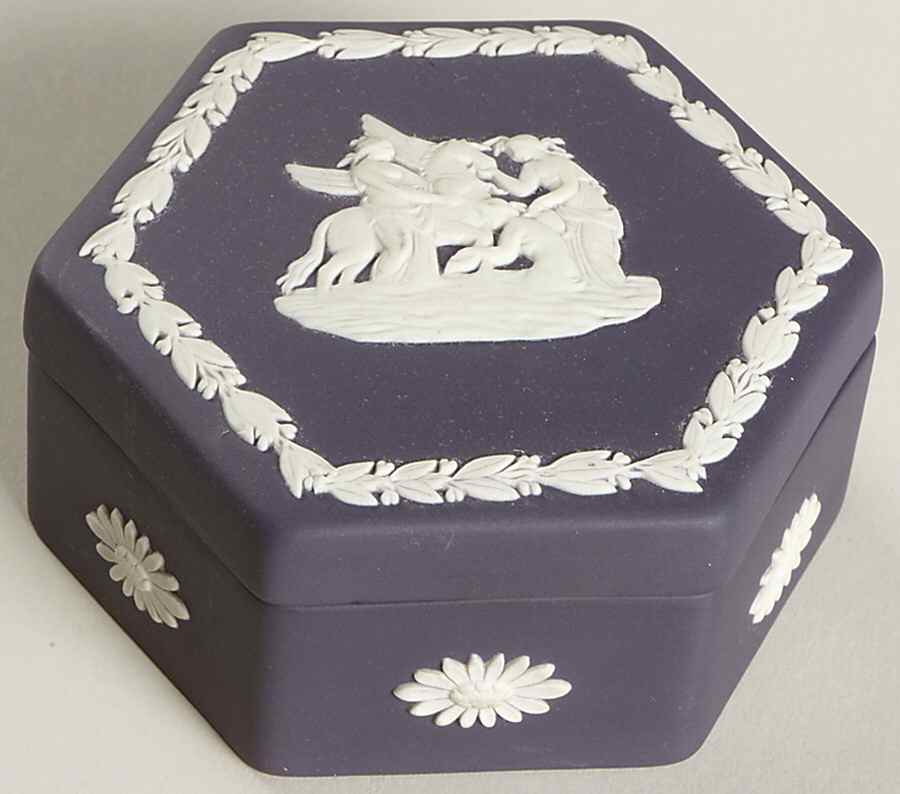 Cream Color on Portland Blue Jasperware Hexagonal Box & Lid by Wedgwood-1