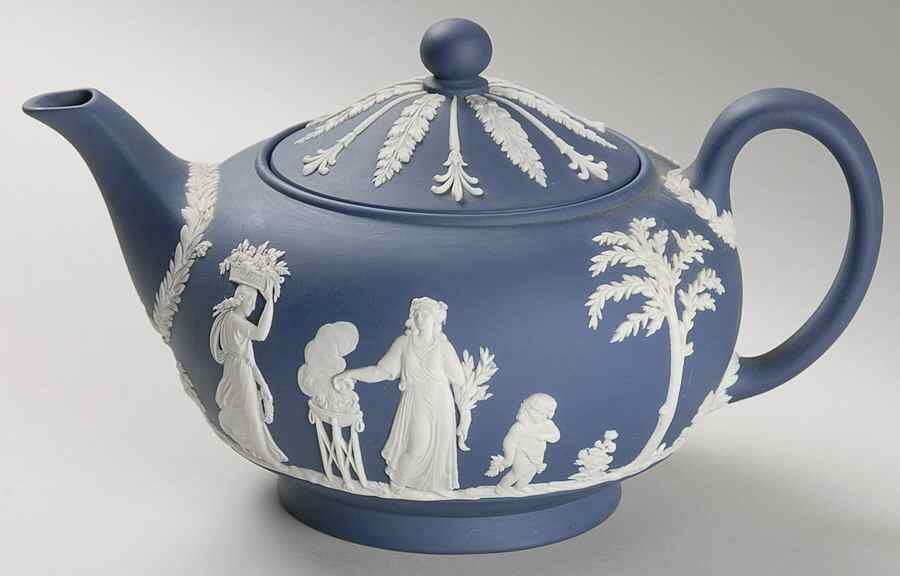 Cream Color on Portland Blue Jasperware Teapot & Lid by Wedgwood-1