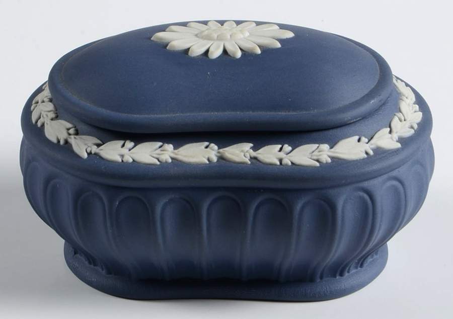 Cream Color on Portland Blue Jasperware Flora Box & Lid by Wedgwood-1