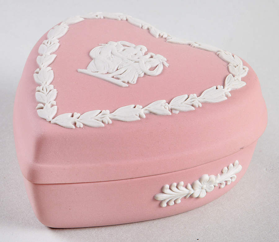 Cream Color on Pink Jasperware Heart Shape Box & Lid by Wedgwood-1