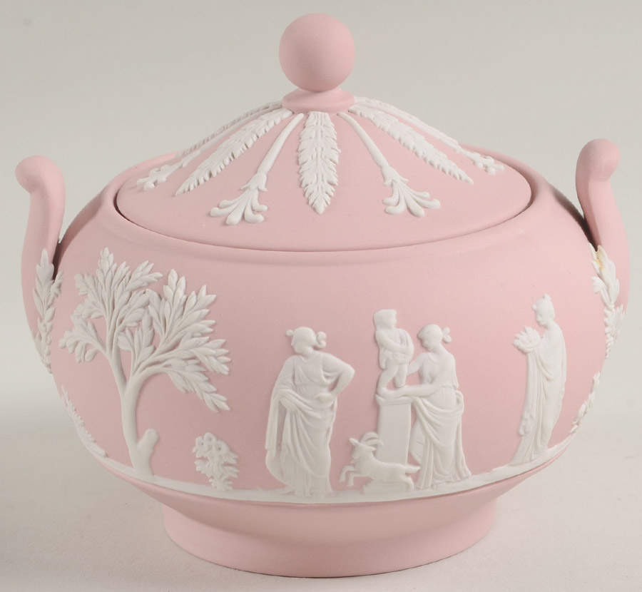 Cream Color on Pink Jasperware Sugar Bowl & Lid by Wedgwood-1