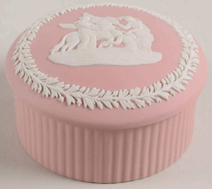 Cream Color on Pink Jasperware 2" Round Fluted Box & Lid by Wedgwood-1