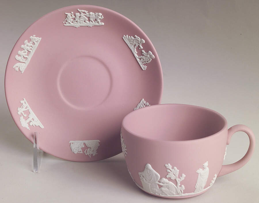 Cream Color on Pink Jasperware Flat Cup & Saucer Set by Wedgwood-1