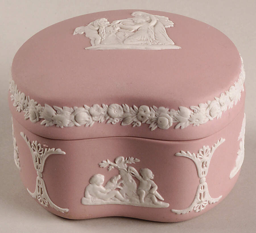 Cream Color on Pink Jasperware Bean Box & Lid by Wedgwood-1