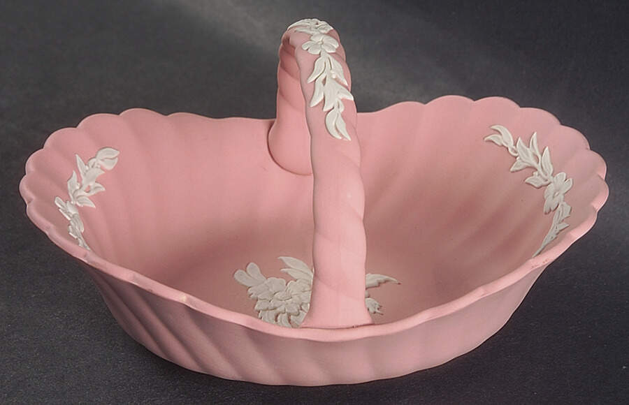 Cream Color on Pink Jasperware 3" Handled Basket by Wedgwood-1