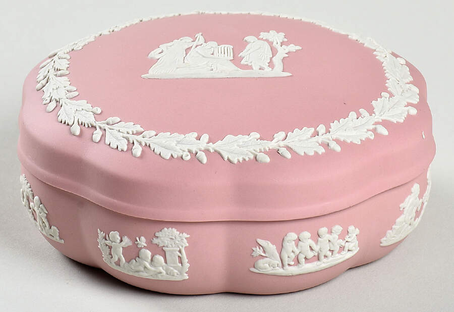 Cream Color on Pink Jasperware Large Scalloped Candy Box & Lid by Wedgwood-1