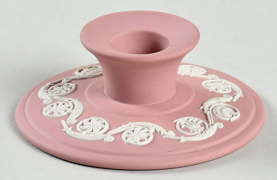 Cream Color on Pink Jasperware Single Banquet Candlestick by Wedgwood-1