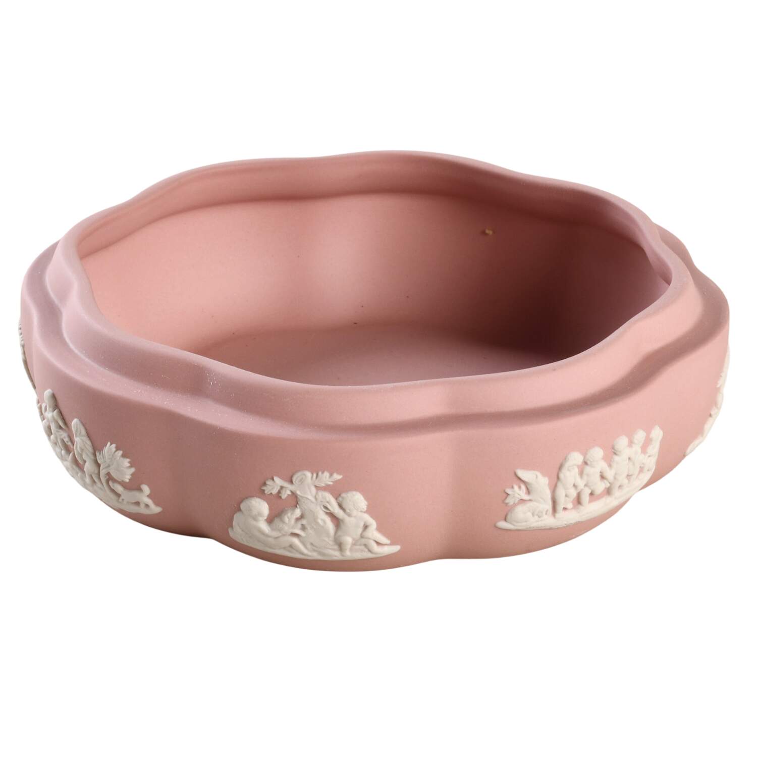 Cream Color on Pink Jasperware Large Scalloped Candy Box-No Lid by Wedgwood-1