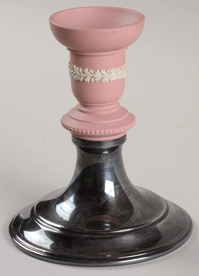 Cream Color on Pink Jasperware 5" Metal Base Candlestick by Wedgwood-1
