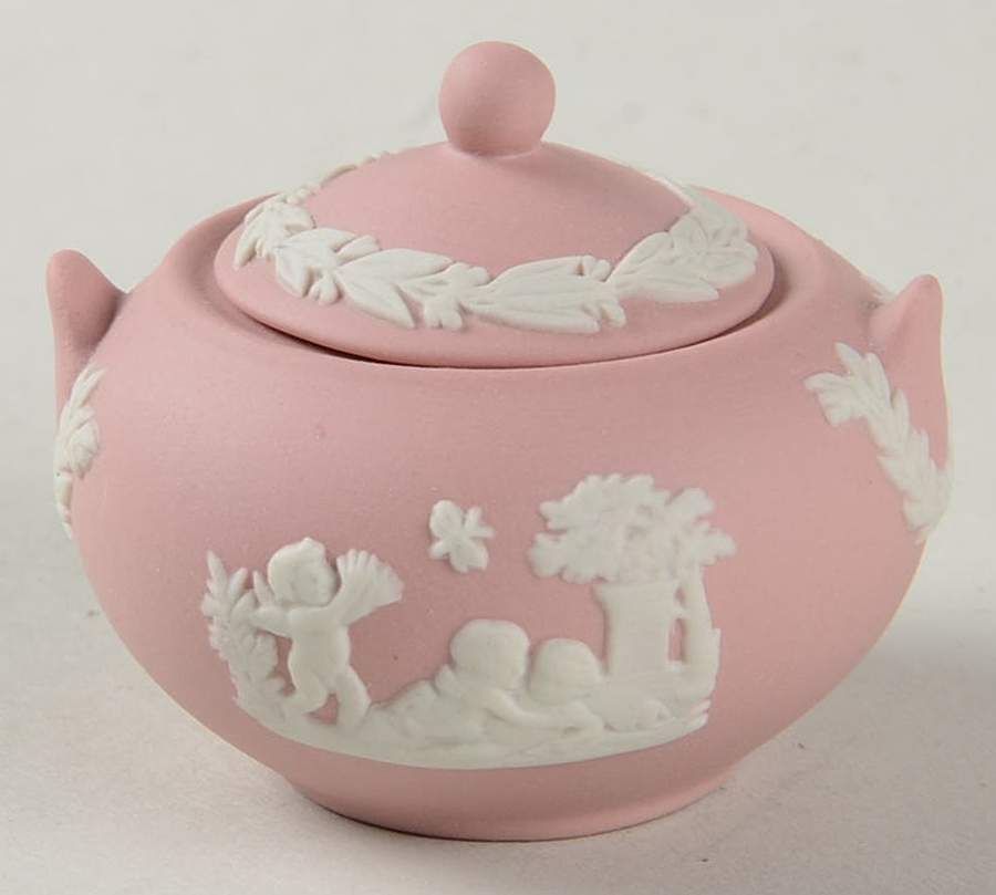 Cream Color on Pink Jasperware Miniature Sugar Bowl & Lid by Wedgwood-1