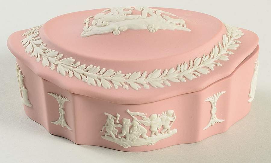 Cream Color on Pink Jasperware Silver/Candy Box & Lid by Wedgwood-1
