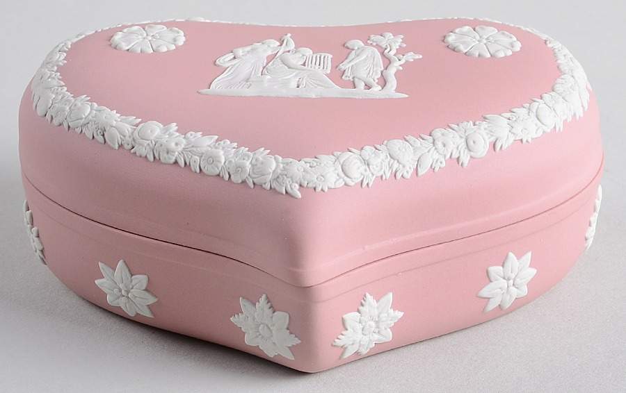 Cream Color on Pink Jasperware Heart Shape Box & Lid by Wedgwood-1