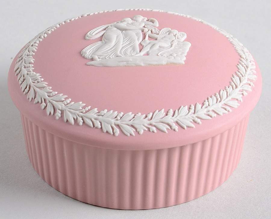 Cream Color on Pink Jasperware 3" Fluted Round Box & Lid by Wedgwood-1