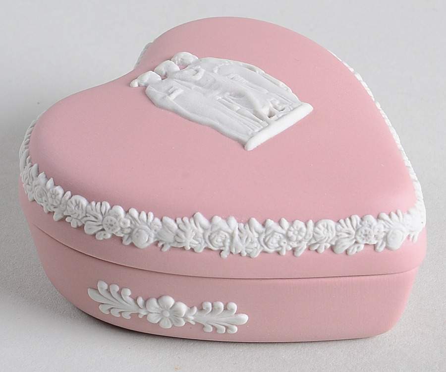 Cream Color on Pink Jasperware Heart Shape Box & Lid by Wedgwood-1