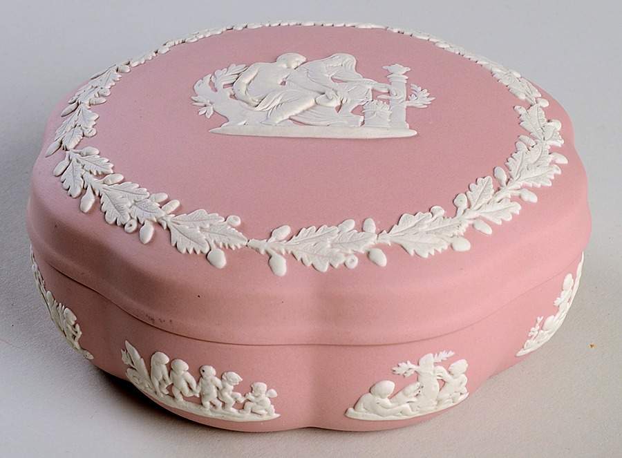 Cream Color on Pink Jasperware Large Scalloped Candy Box & Lid by Wedgwood-1