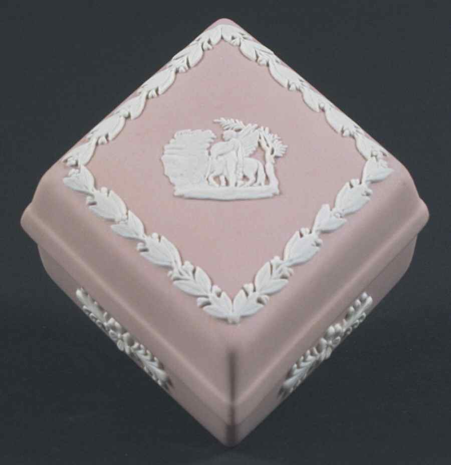 Cream Color on Pink Jasperware Diamond Shaped Box & Lid by Wedgwood-1