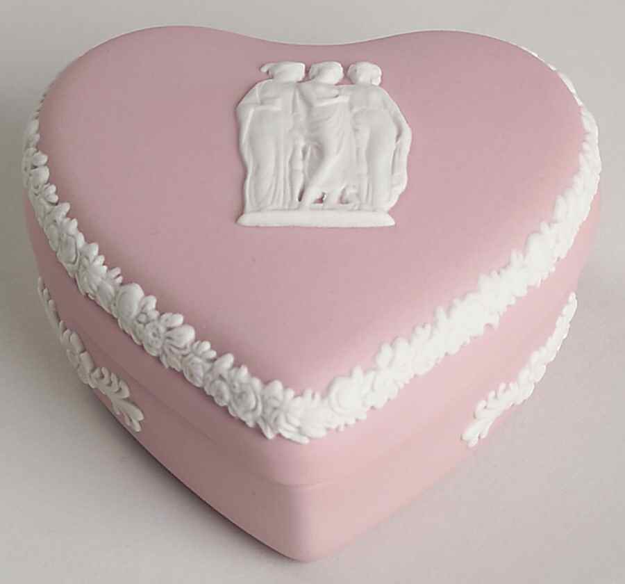 Cream Color on Pink Jasperware Small Heart Shape Box & Lid by Wedgwood-1