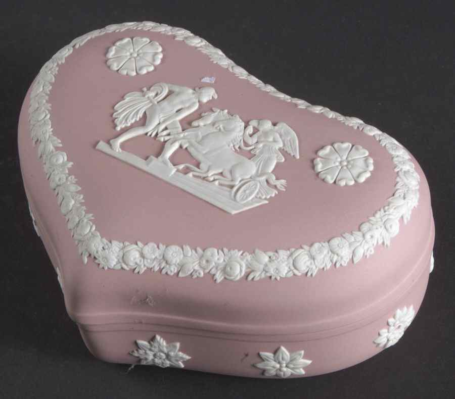 Cream Color on Pink Jasperware Large Heart Shape Box with Lid by Wedgwood-1