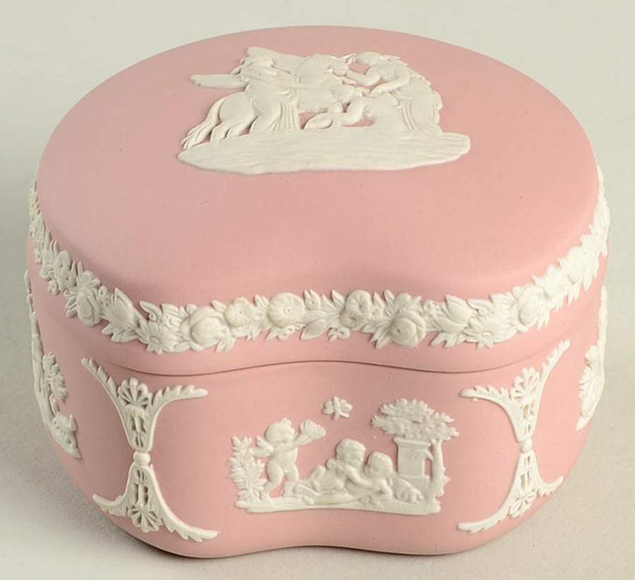 Cream Color on Pink Jasperware Bean Box & Lid by Wedgwood-1