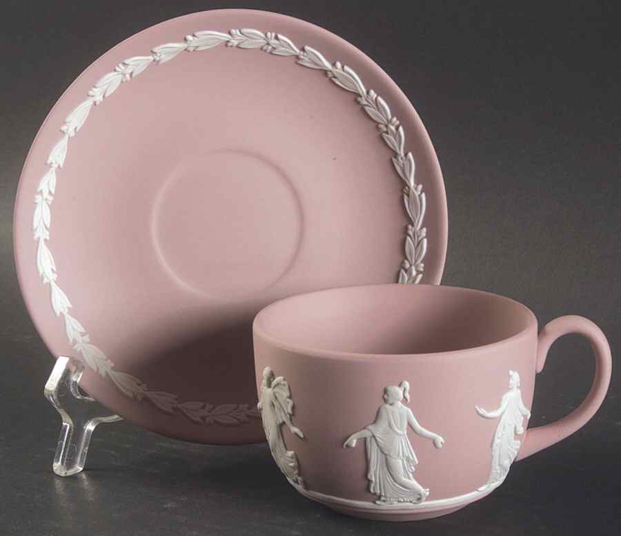 Cream Color on Pink Jasperware Flat Cup & Saucer Set by Wedgwood-1