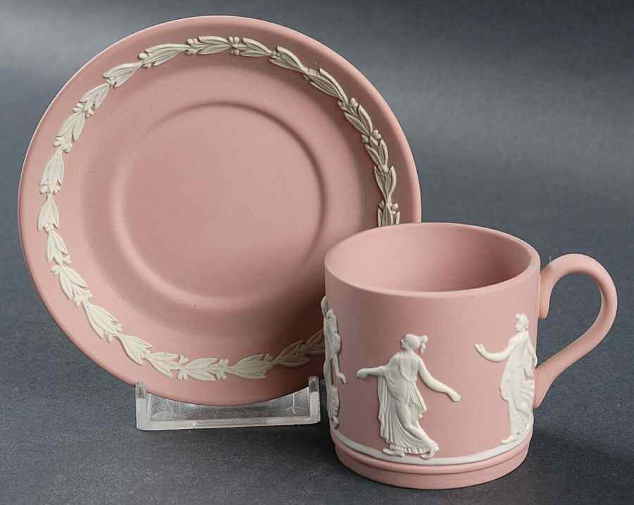 Cream Color on Pink Jasperware Flat Demitasse Cup & Saucer Set by Wedgwood-1