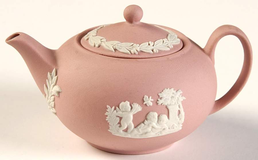 Cream Color on Pink Jasperware Miniature Teapot & Lid by Wedgwood-1