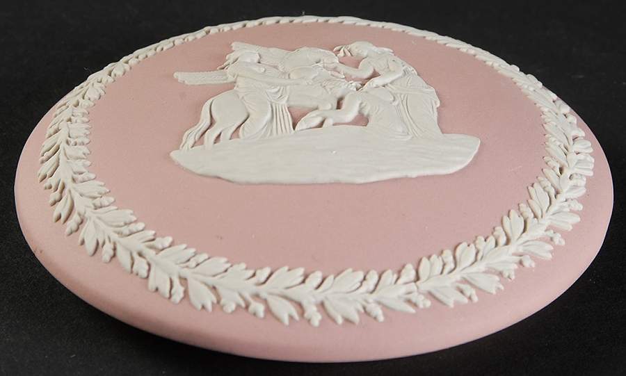 Cream Color on Pink Jasperware 1" Round Fluted Box Lid Only by Wedgwood-1