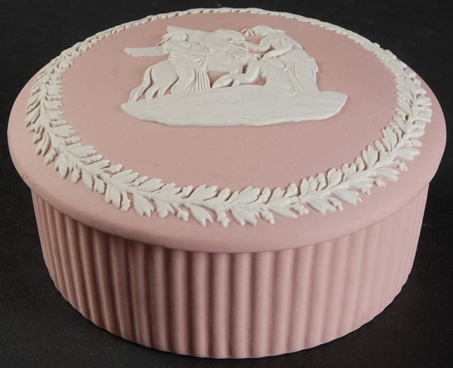 Cream Color on Pink Jasperware 1" Fluted Round Box W/Lid by Wedgwood-1