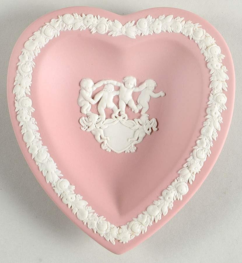 Cream Color on Pink Jasperware Small Heart Shape Ashtray by Wedgwood-1