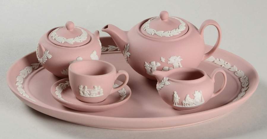 Cream Color on Pink Jasperware 8-Piece Miniature Tea Set by Wedgwood-1