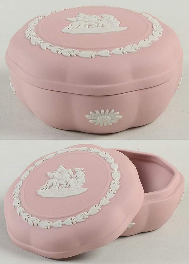 Cream Color on Pink Jasperware Small Scalloped Candy Box by Wedgwood-1