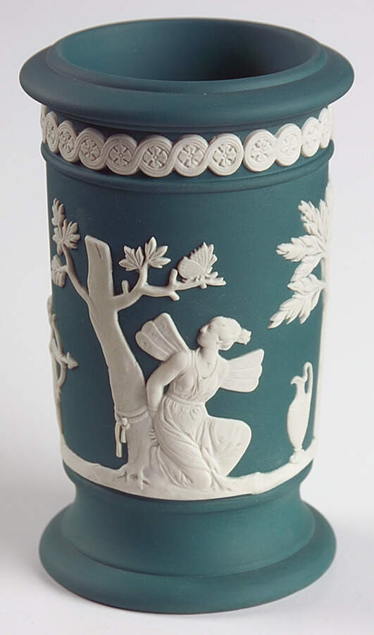 Cream Color on Spruce Green Jasperware Cylindrical Apollo Vase by Wedgwood-1