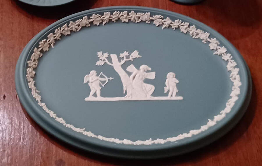 Cream Color on Spruce Green Jasperware 10" Oval Tray by Wedgwood-1