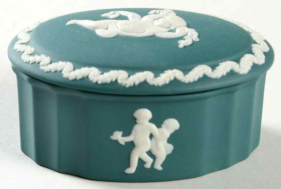 Cream Color on Spruce Green Jasperware Camilla Box with Lid by Wedgwood-1