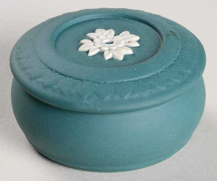 Cream Color on Spruce Green Jasperware Mini Round Box & Lid by Wedgwood-1