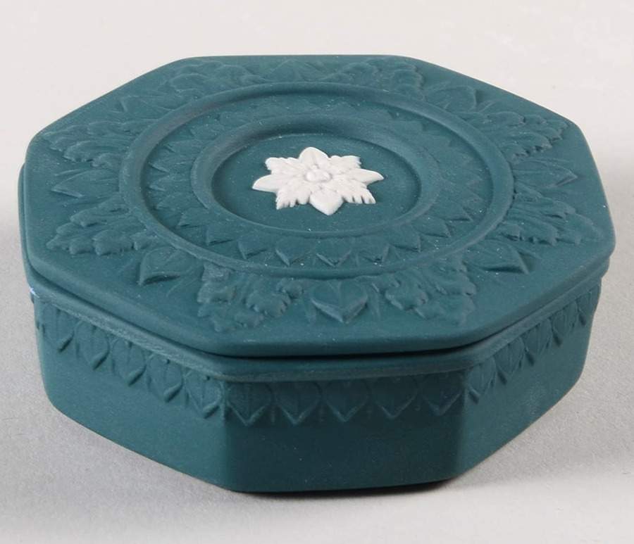 Cream Color on Spruce Green Jasperware Octagonal Box & Lid by Wedgwood-1