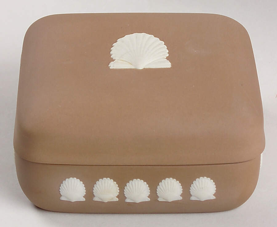 Cream Color on Taupe (Brown) Jasperware Square Box with Lid by Wedgwood-1
