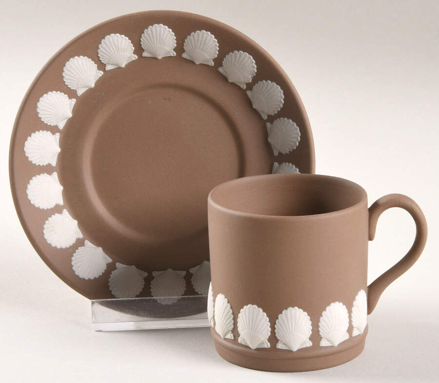 Cream Color on Taupe (Brown) Jasperware Flat Demitasse Cup & Saucer Set by Wedgwood-1