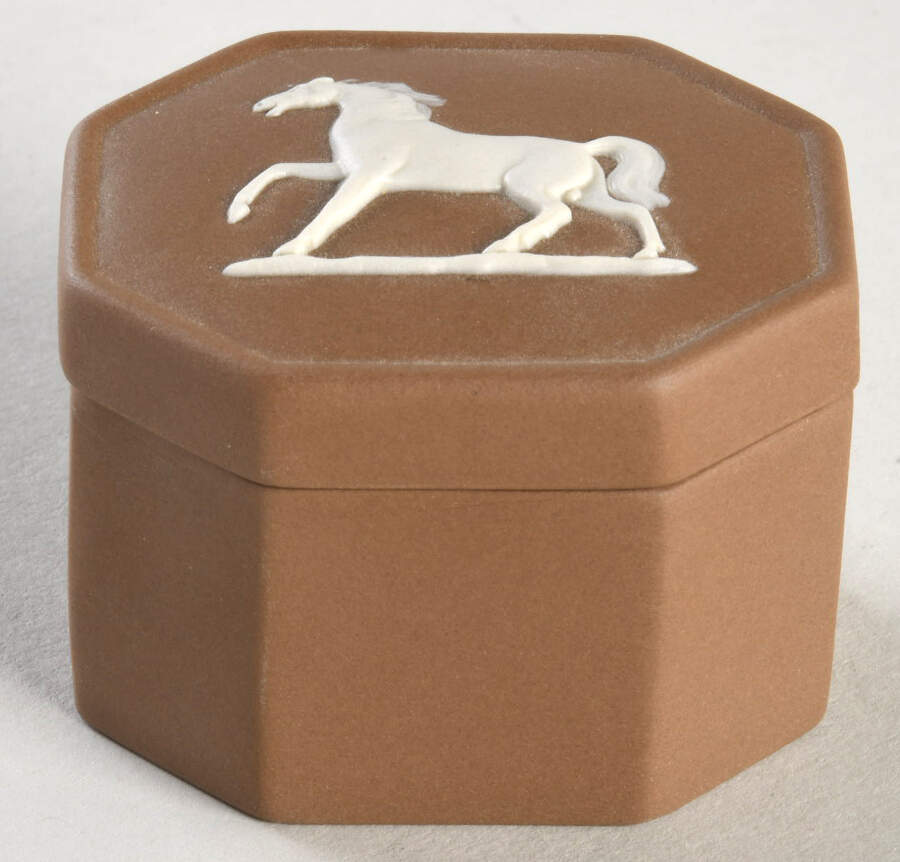 Cream Color on Taupe (Brown) Jasperware Octagonal Box & Lid by Wedgwood-1